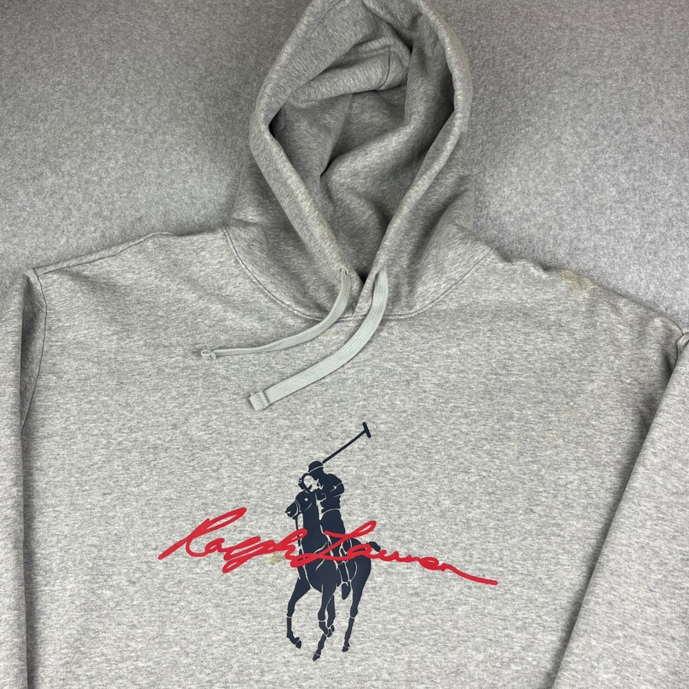Polo Ralph Lauren Hoodie Mens XLT Gray Big Pony Script Logo Pullover Fleece